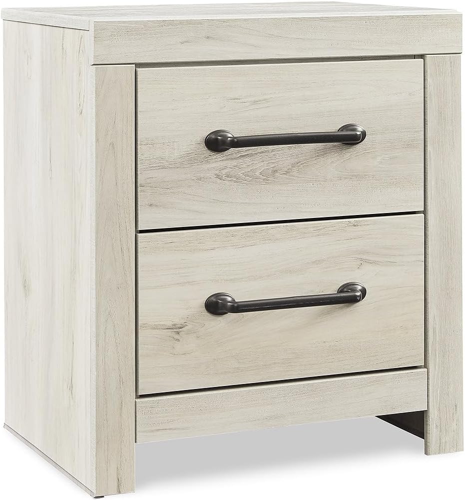 Signature Design by Ashley Cambeck Farmhouse Industrial 2 Drawer Two Drawer Nightstand with 2 Slim-Profile USB Charging Stations, 24.37' Tall, Whitewash