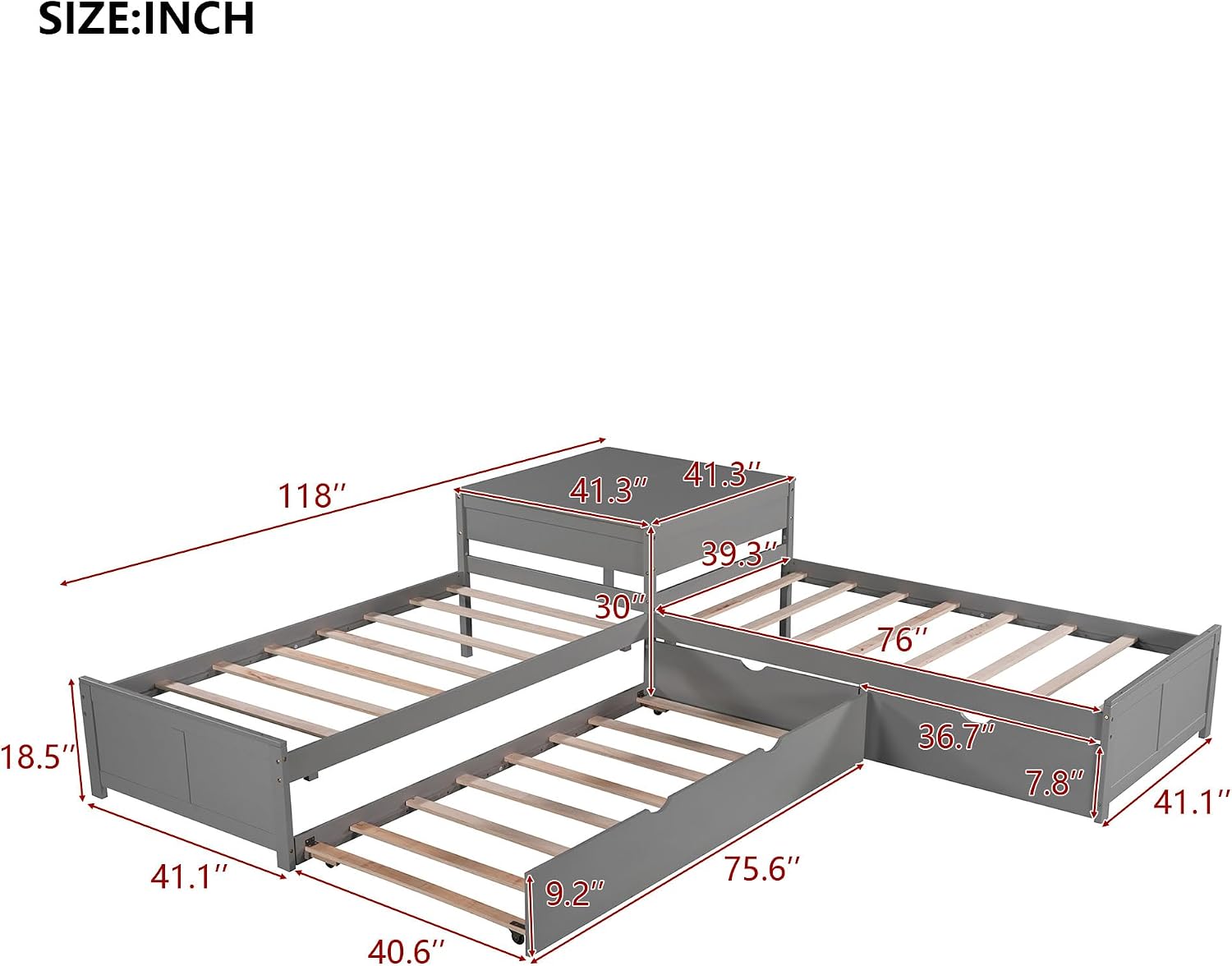 Merax Storage Daybed with Trundle, Twin Size L-Shaped Platform Bed with Convertible Trundle, Two Drawers and Built-in Desk for Living Room, Bedroom, Guest Room, No Box Spring Needed (Grey)