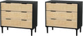 HOPUBUY Large Nightstand Set of 2 with Rattan Drawer, Modern 3 Drawer Night Stand for Bedroom, Wooden Bedside Table for Queen Size and King Size Bed,Black