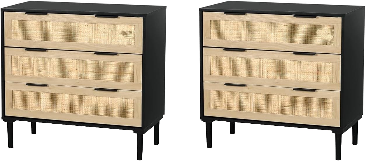 HOPUBUY Large Nightstand Set of 2 with Rattan Drawer, Modern 3 Drawer Night Stand for Bedroom, Wooden Bedside Table for Queen Size and King Size Bed,Black