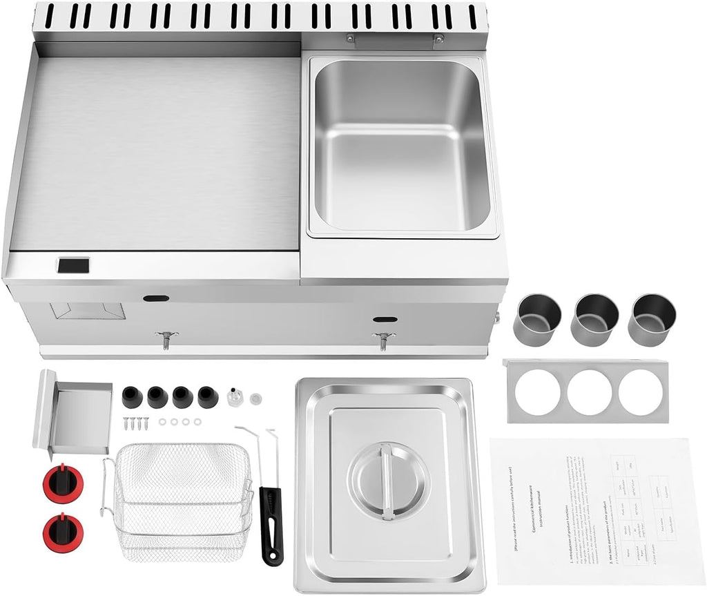 Commercial Propane Deep Fryer and Flat Top Griddle, Stainless Steel Countertop Griddle with Frying Basket Seasoning Box and Temp Control, 1.59Gal Tank Deep Fryer for Canteen Food Street Restaurant Etc
