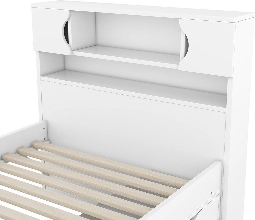 SOFTSEA Twin Size Captains Bed Frame with Storage Drawers, Wood Platform Bed with Bookcase Headboard, Storage Shelves and Doors for Kids Teens, No Box Spring Needed, White