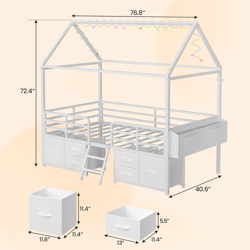 ADORNEVE Twin Size Bed Frame with 6 Drawers,House Bed with Globe String Lights Plug in,Metal Kids Bed with Safety Guardrail & Inclined Ladder,No Box Sping Needed,White