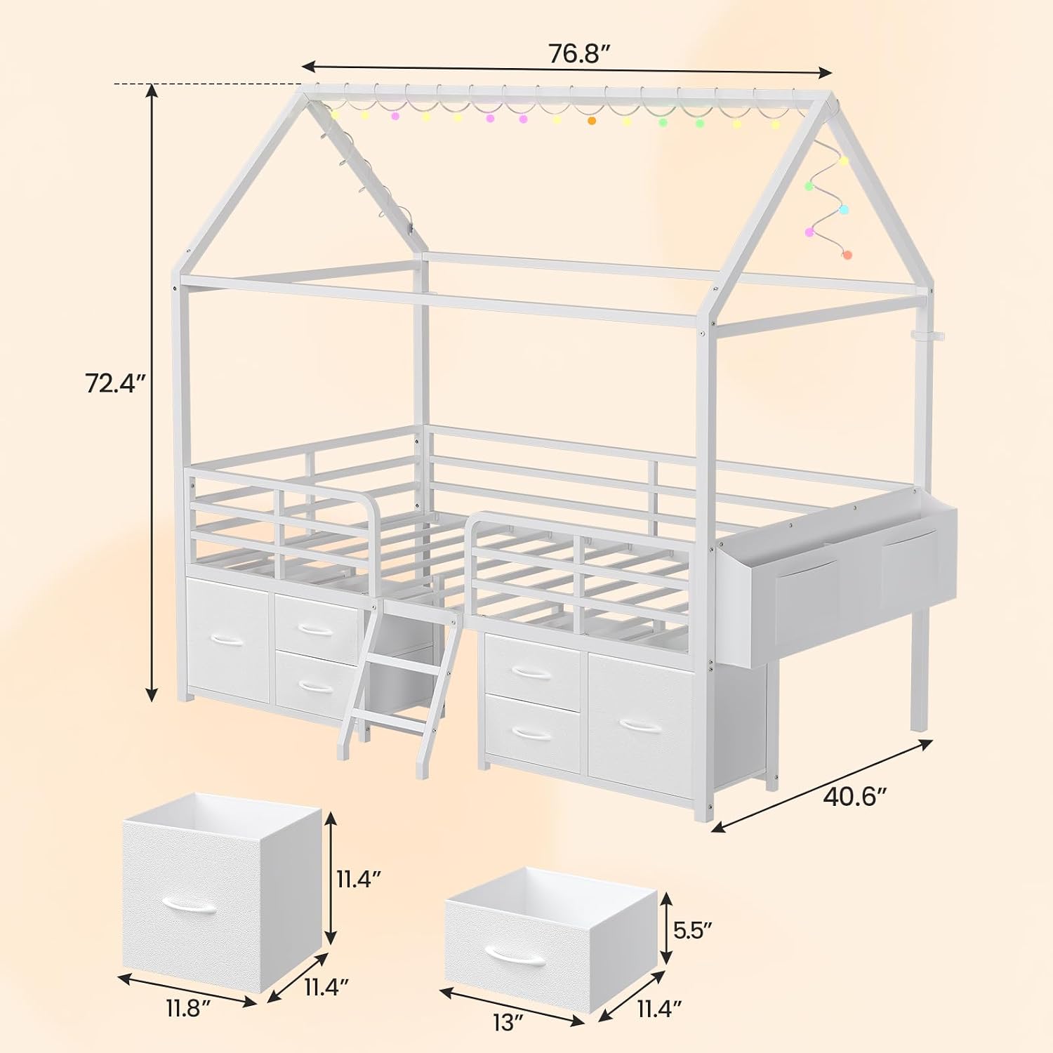 ADORNEVE Twin Size Bed Frame with 6 Drawers,House Bed with Globe String Lights Plug in,Metal Kids Bed with Safety Guardrail & Inclined Ladder,No Box Sping Needed,White