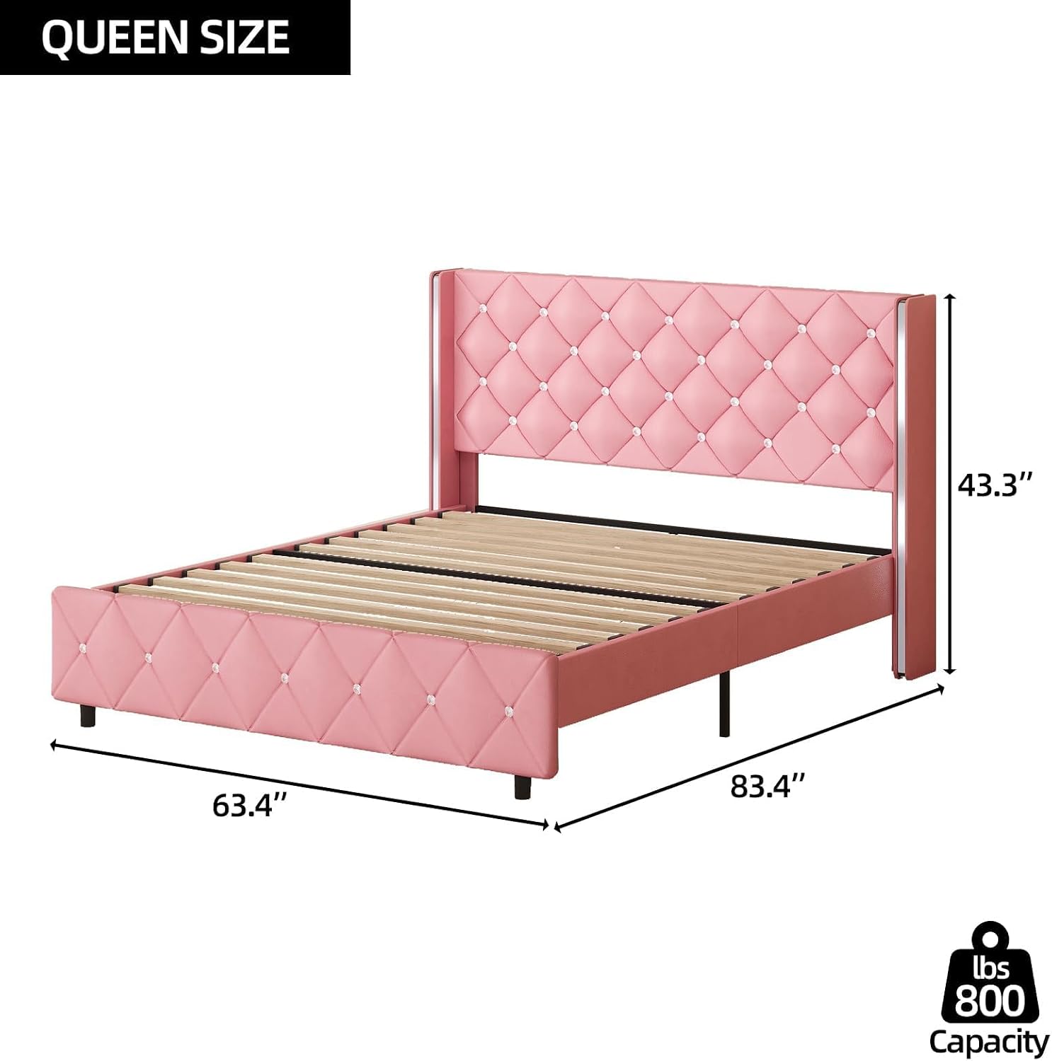 Queen Bed Frame with Headboard, Upholstered Queen Size Bed Frame with Diamond Tufted Wingback Headboard, Faux Leather, 800lbs Heavy Duty Support, Sliver Metal Edge Accents, No Box Spring Needed, Pink