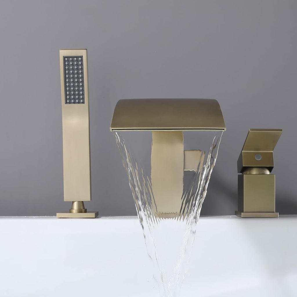Waterfall Roman Tub Faucet with Hand Shower, Deck Mount Tub Filler Bathtub Faucet with Sprayer, Brass Widespread 3 Hole Bathtub Shower Faucet Set, Brushed Gold
