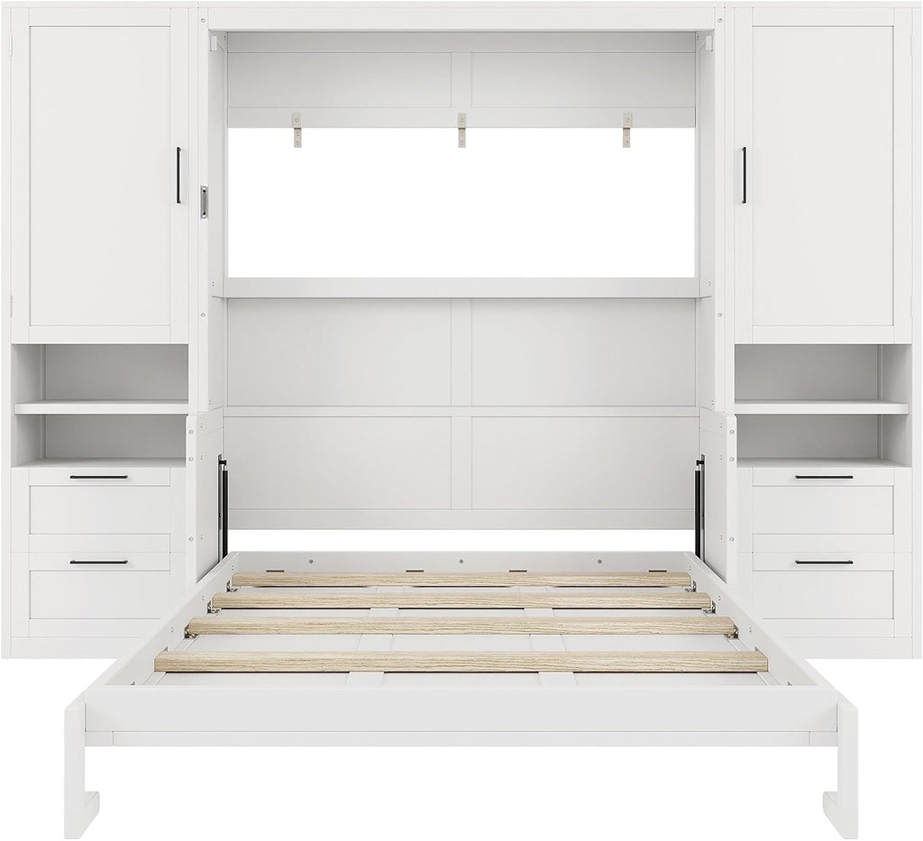 Merax Queen Size Murphy Bed with Desk, Multifunctional Foldable Wall Bed with Closet, Drawers and Shelves, Space-Saving Wood Platform Bed Frame for Small Spaces Studio Study Office Guest Room, White