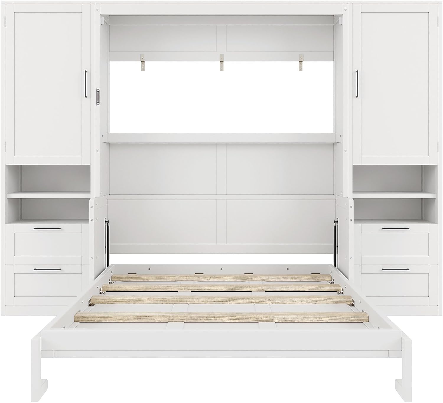 Merax Queen Size Murphy Bed with Desk, Multifunctional Foldable Wall Bed with Closet, Drawers and Shelves, Space-Saving Wood Platform Bed Frame for Small Spaces Studio Study Office Guest Room, White