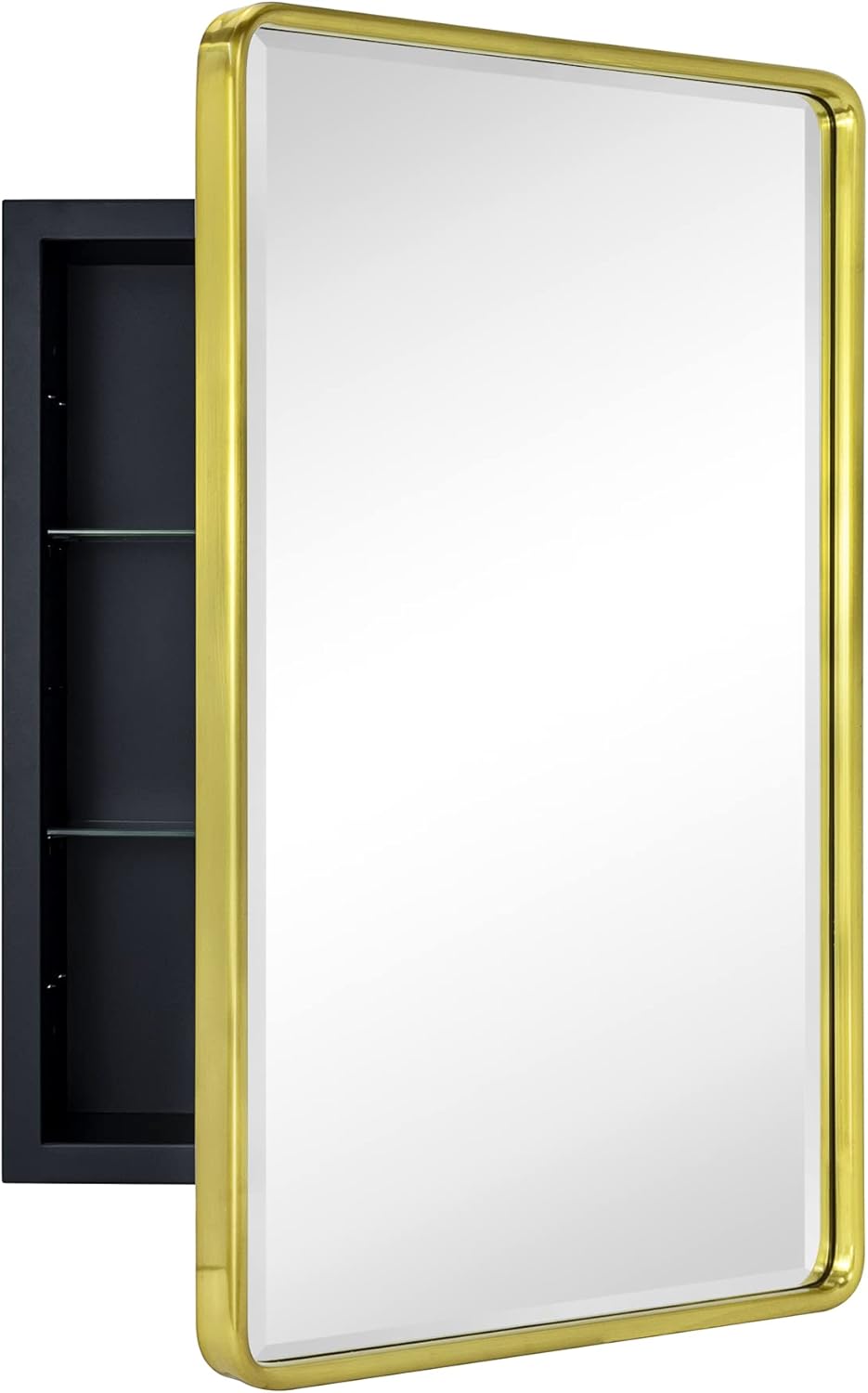 TEHOME Farmhouse Brushed Gold Metal Framed Recessed Bathroom Medicine Cabinet with Mirror Rounded Rectangle Medicine Cabinet with Beveled Mirror 16x24''