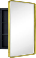 TEHOME Farmhouse Brushed Gold Metal Framed Recessed Bathroom Medicine Cabinet with Mirror Rounded Rectangle Medicine Cabinet with Beveled Mirror 16x24''