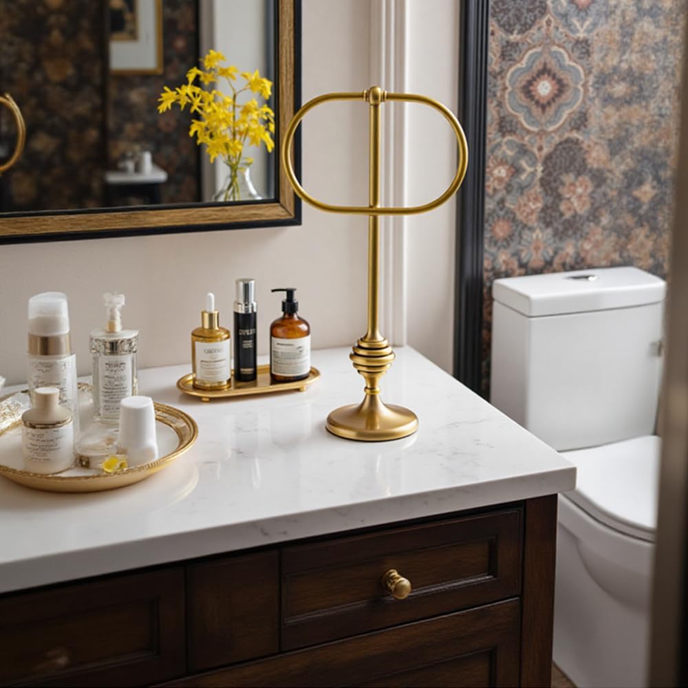 Brass Gold Freestanding Hand Towel Holder for Bathroom Countertop, Decorative Kitchen Towel Holder Stand (A)