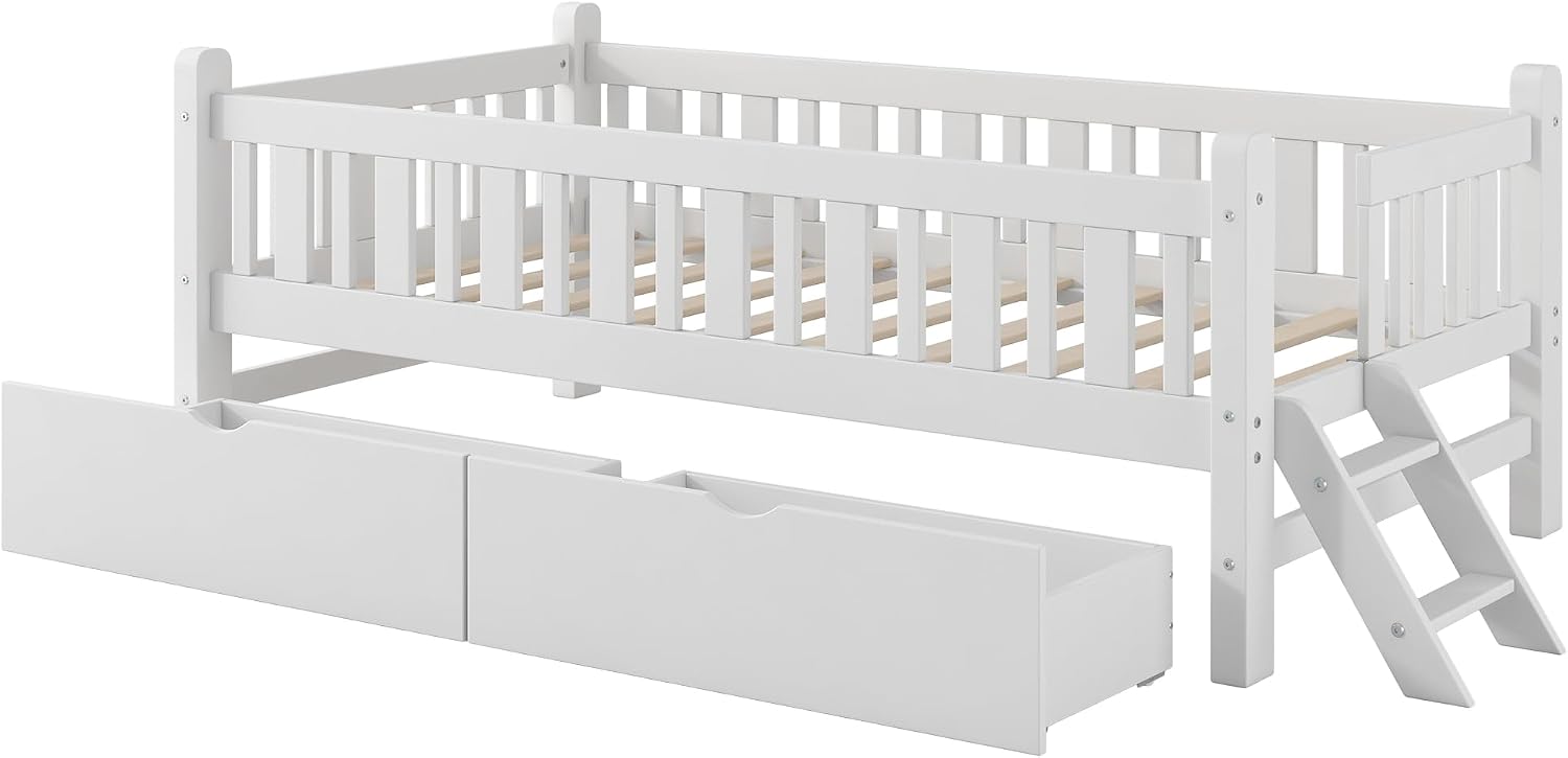 VilroCaz Twin Size Platform Bed with Guardrail and 2 Drawers, Wood Kids Platform Bed Frame with Two-Step Ladder for Boys Girls, Sturdy Slats Support (White-1.26)