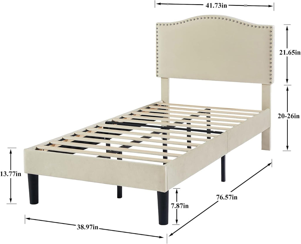 VECELO Twin Bed Frame Platform Bed Frame with Upholstered Headboard, Strong Frame and Wooden Slats Support, Strong Weight Capacity, Non-Slip and Noise-Free, Easy Assembly,Beige