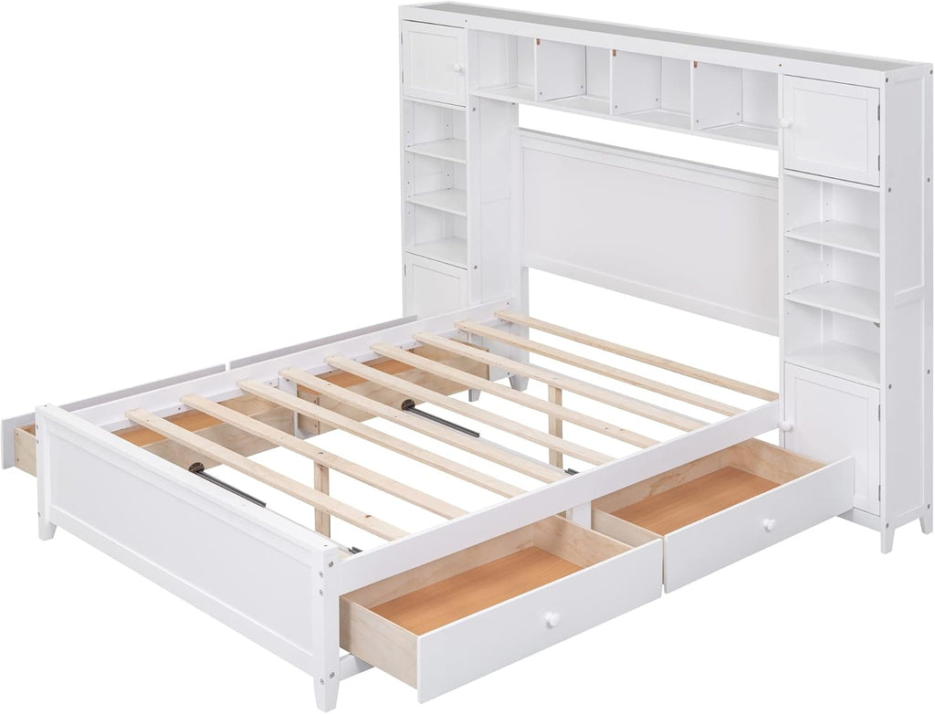 MERITLINE Full Platform Bed with Storage Headboard,Drawers and Charging Station,Solid Wood Full Bed Frame with Storage Cabinet and Shelves for Adults (White)