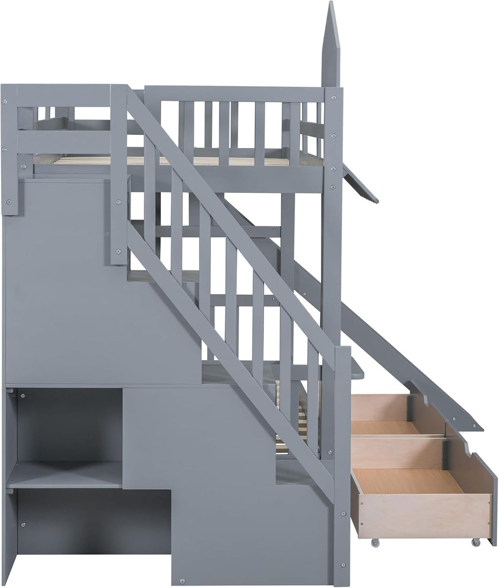 Harper & Bright Designs Kids Bunk Bed with Staircase and Slide, Twin Over Twin Wood Bunk Bed Frame with Storage Drawers & Bookshelf, Castle Style Bunk Beds for Girls, Boys (Gray)