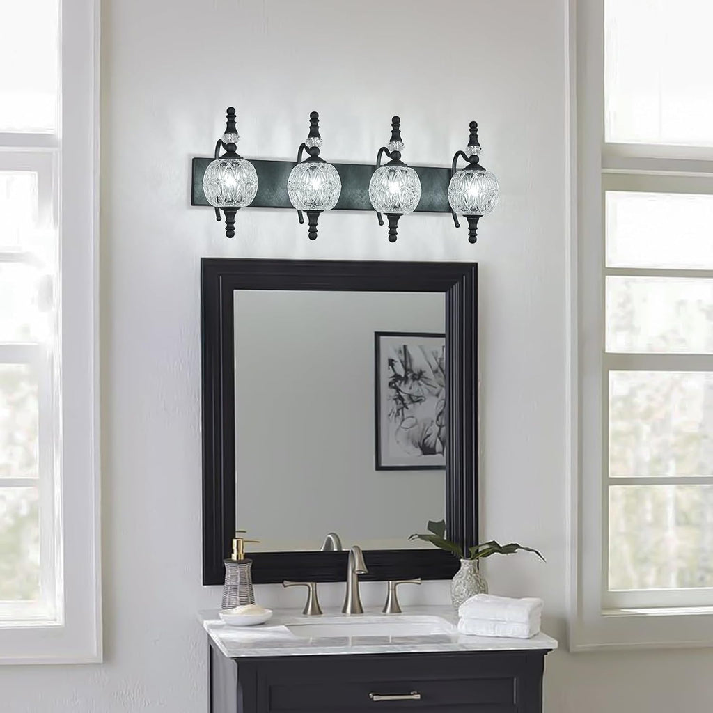 Modern Crystal Bathroom Vanity Lights Fixtures Over Mirror Black Vintage 4-Lights 28 Inch Bathroom Light Fixtures Glass Crystal Vanity Lights