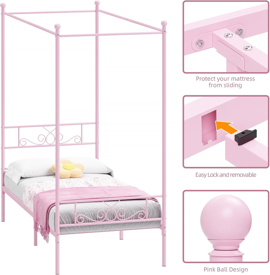 Weehom Twin Canopy Bed Frame with Headboard and Footboard, 4 Posters Metal Bed Frame, No Box Spring Needed, Mattress Foundation Platform Bed for Kids and Adults, Pink