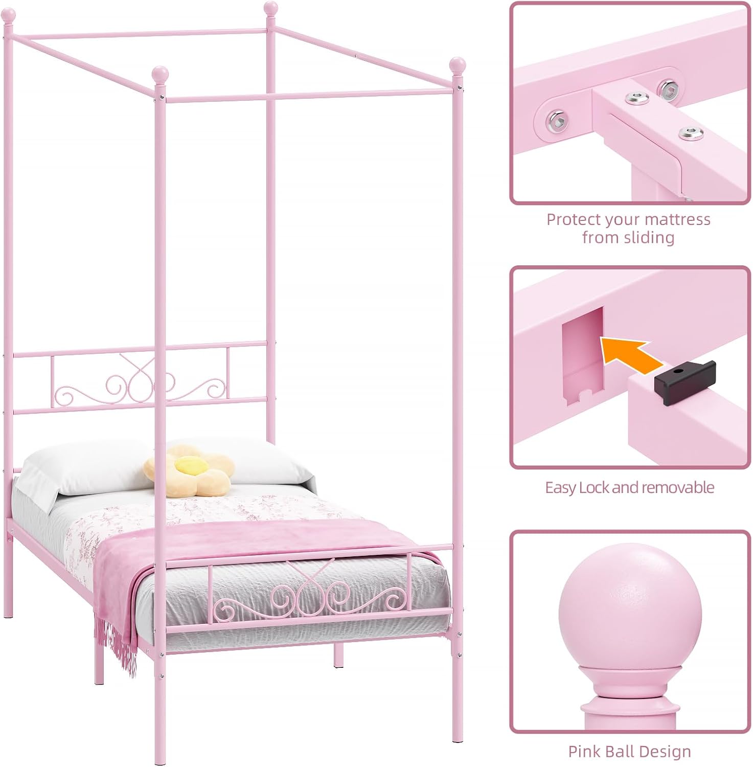 Weehom Twin Canopy Bed Frame with Headboard and Footboard, 4 Posters Metal Bed Frame, No Box Spring Needed, Mattress Foundation Platform Bed for Kids and Adults, Pink