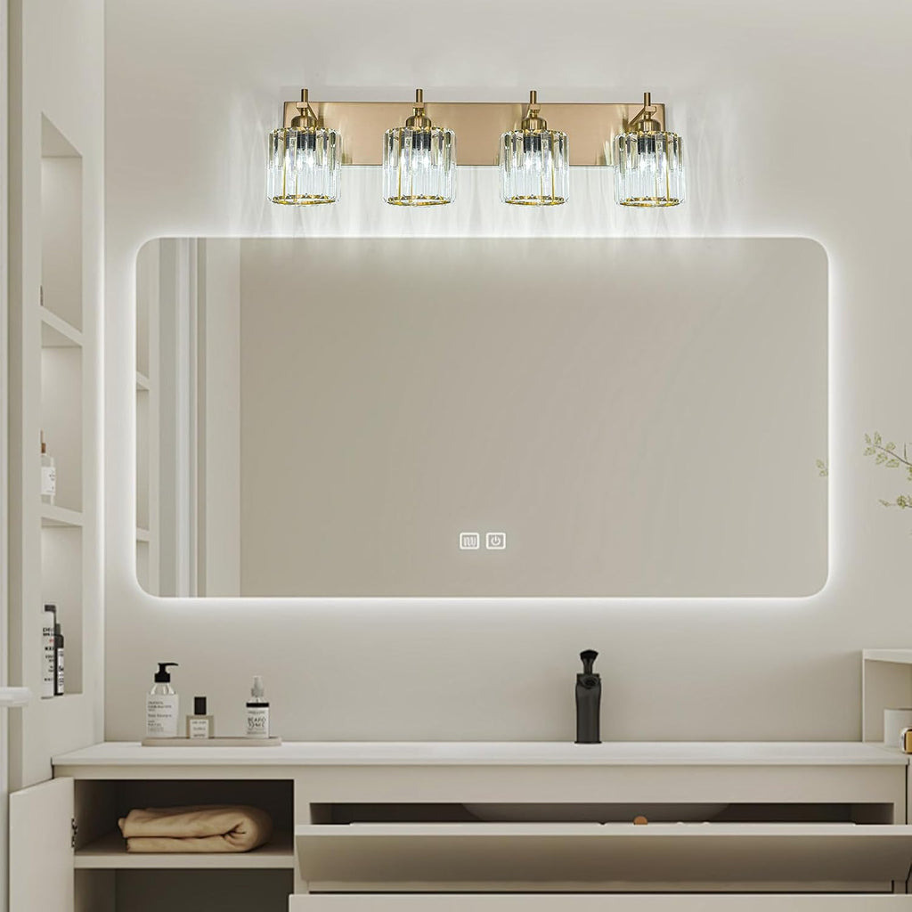 Modern Crystal Bathroom Vanity Lights, Gold 4-Lights Bathroom Light Fixtures Over Mirror, Crystal Wall Lighting with Polished Gold Finish