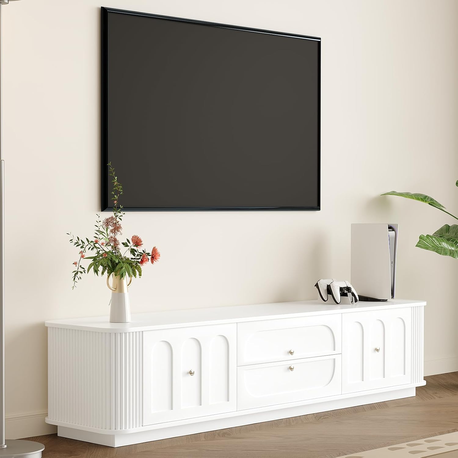 White Tv Stand for Living Room, 70in Media Console with Storage & 3 Drawers & 2 Open Shelves with Sliding Doors, Modern Entertainment Center with Cable Management for Bedroom