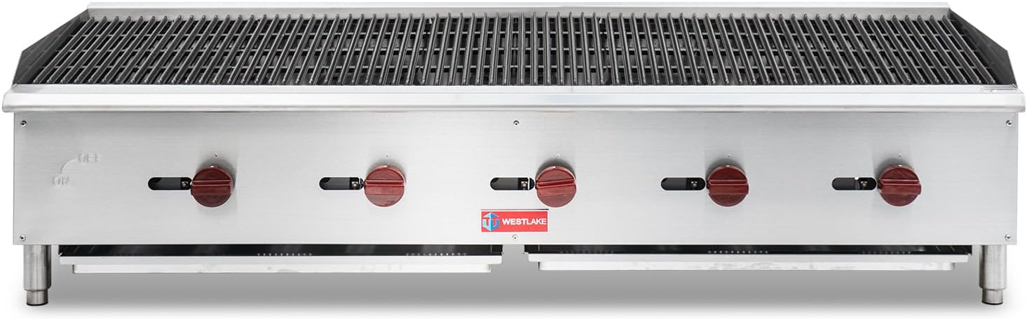 WESTLAKE 60'W Commercial Charbroiler Gas Countertop 5 Burner Natural Gas and Propane 150,000 BTU Char Broiler Stainless Steel BBQ Stove Grill for Restaurants