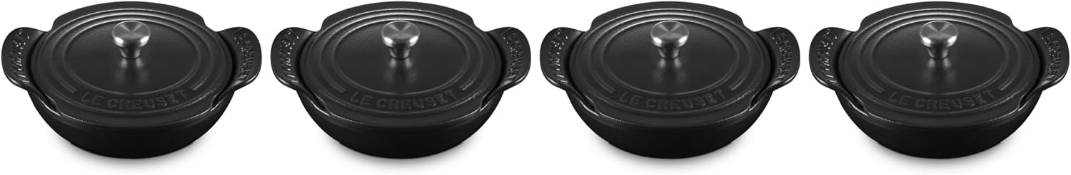 Le Creuset Enameled Cast Iron Gourmand Collection Set of 4 Mini Round Braiser, .3 qt., Matte Black w/Stainless Steel Knob