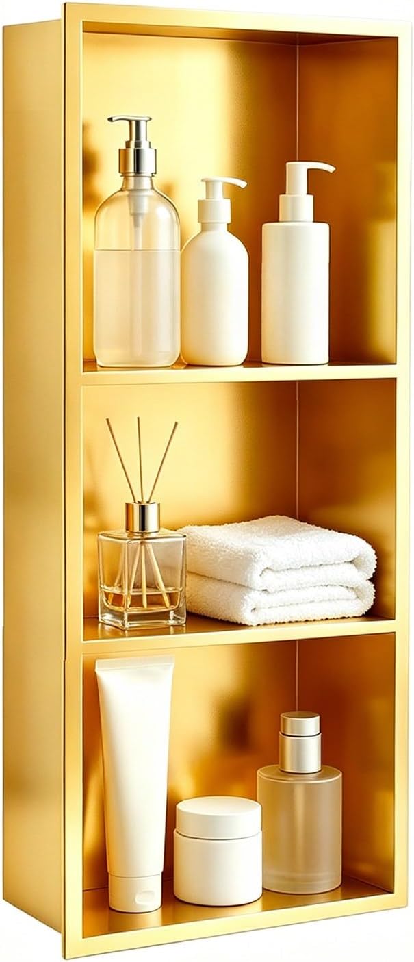 SaniteModar Shower Niche, Stainless Steel Shower Niche No Tile Needed, Recessed for Bathroom Storage (Brushed Gold, 12' x 30')