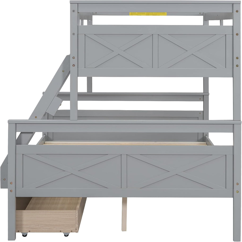 Merax Twin Over Full Bunk Bed with 2 Storage Drawers,Solid Wood Bunk Bed with Ladder and Safety Guardrail for Bedroom Kids Adults,Can be Separated into 2 Platform Beds,Gray
