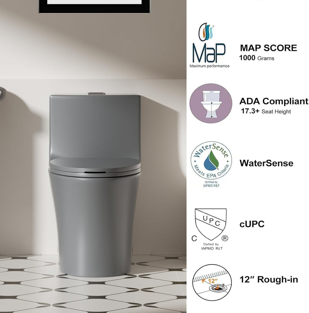 Elongated One Piece Toilet with ADA Comfort Height, Seat Chair Height 17.3' Modern Toilet for Bathroom, Dual Flush 0.8/1.6 GPF, MAP 1000g, 12' Rough-In, Soft Closing Seat, Light gray