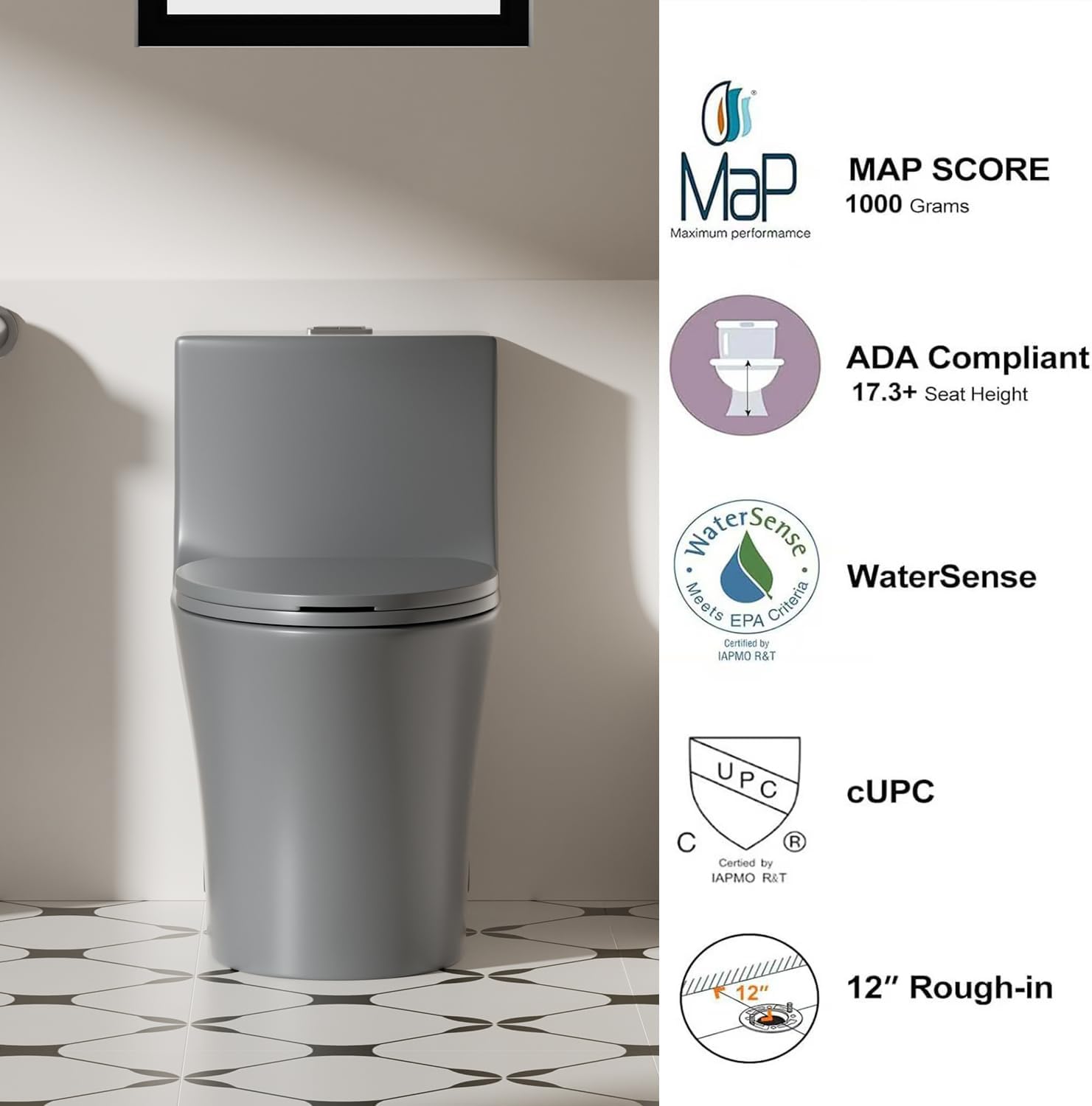 Elongated One Piece Toilet with ADA Comfort Height, Seat Chair Height 17.3' Modern Toilet for Bathroom, Dual Flush 0.8/1.6 GPF, MAP 1000g, 12' Rough-In, Soft Closing Seat, Light gray