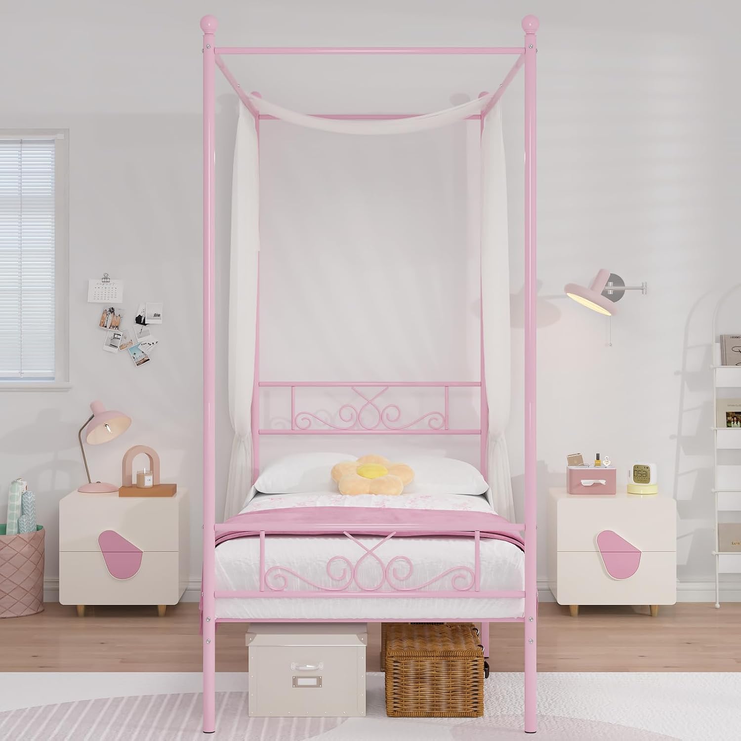 Weehom Twin Canopy Bed Frame with Headboard and Footboard, 4 Posters Metal Bed Frame, No Box Spring Needed, Mattress Foundation Platform Bed for Kids and Adults, Pink