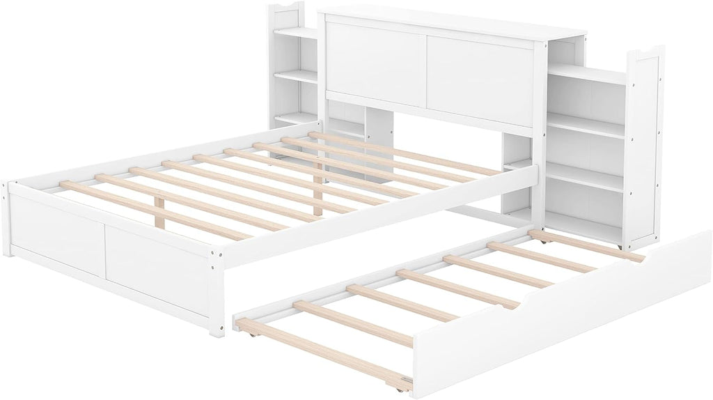 SOFTSEA Queen Bed Frame with Trundle Wood Platform Bed Frame with Pull Out Shevles for Bedroom