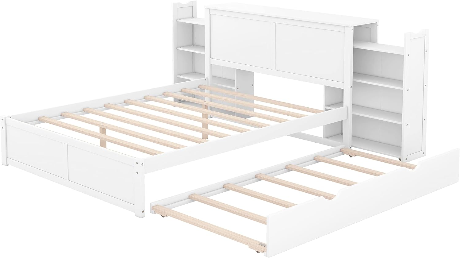 SOFTSEA Queen Bed Frame with Trundle Wood Platform Bed Frame with Pull Out Shevles for Bedroom