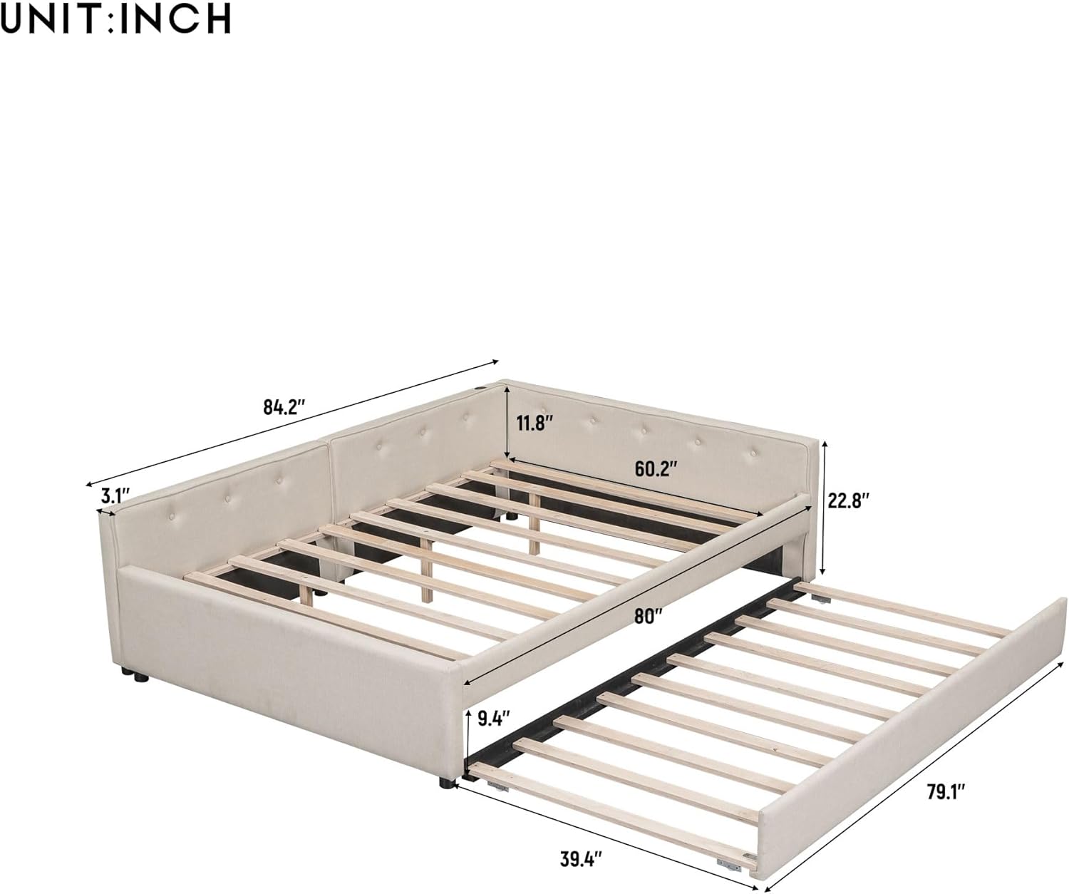 JYH Queen Bed Frame with Storage - Modern Upholstered Platform Bed with Wood Slats Support, Twin Size Trundle & Convenient USB Ports, Space Saving Design for Dormitory, Apartment, Guest Room, Beige
