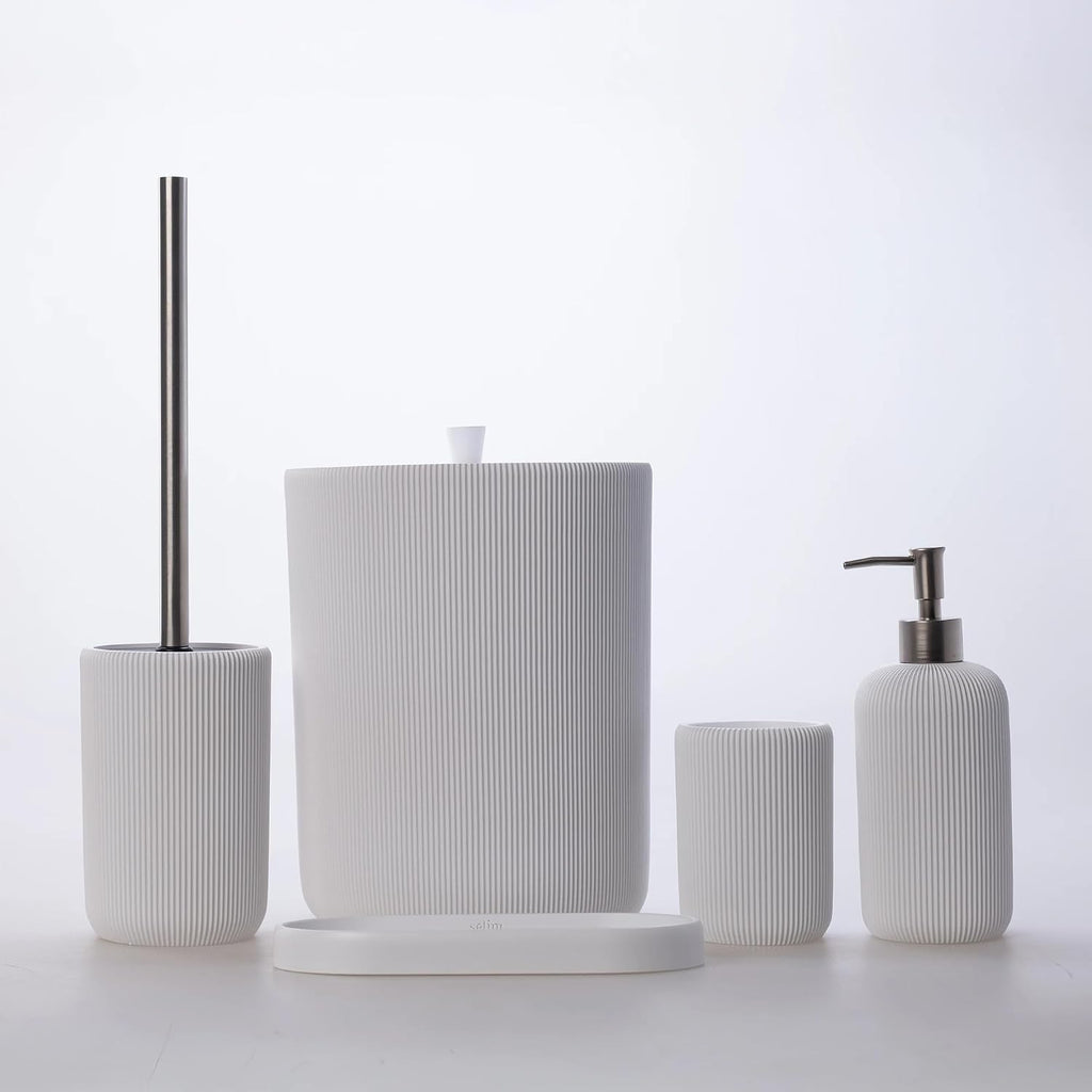 Lydia Collection 5-Piece Resin Bathroom Accessories Set – Toilet Brush Holder, Waste Bin, Soap Dispenser, Tray & Toothbrush Holder (White)