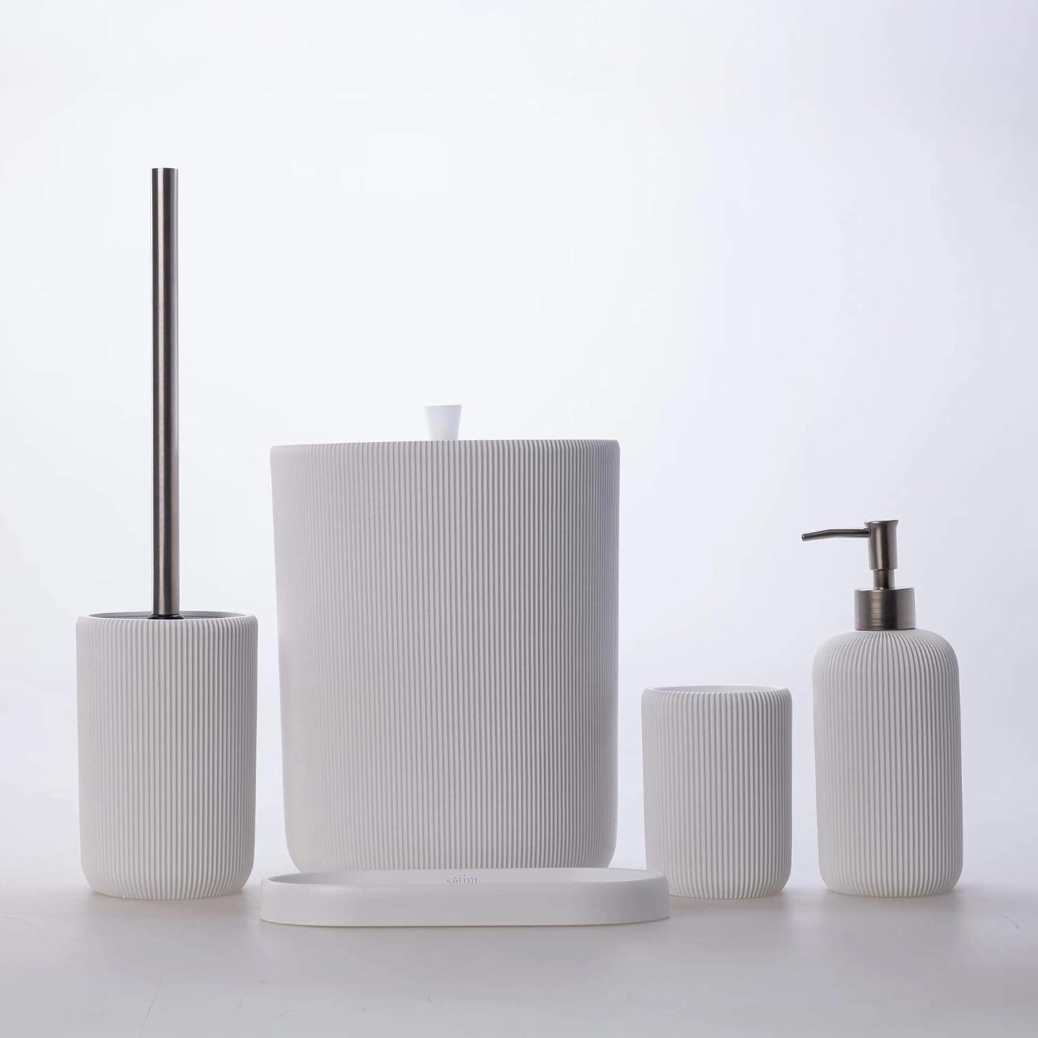 Lydia Collection 5-Piece Resin Bathroom Accessories Set – Toilet Brush Holder, Waste Bin, Soap Dispenser, Tray & Toothbrush Holder (White)
