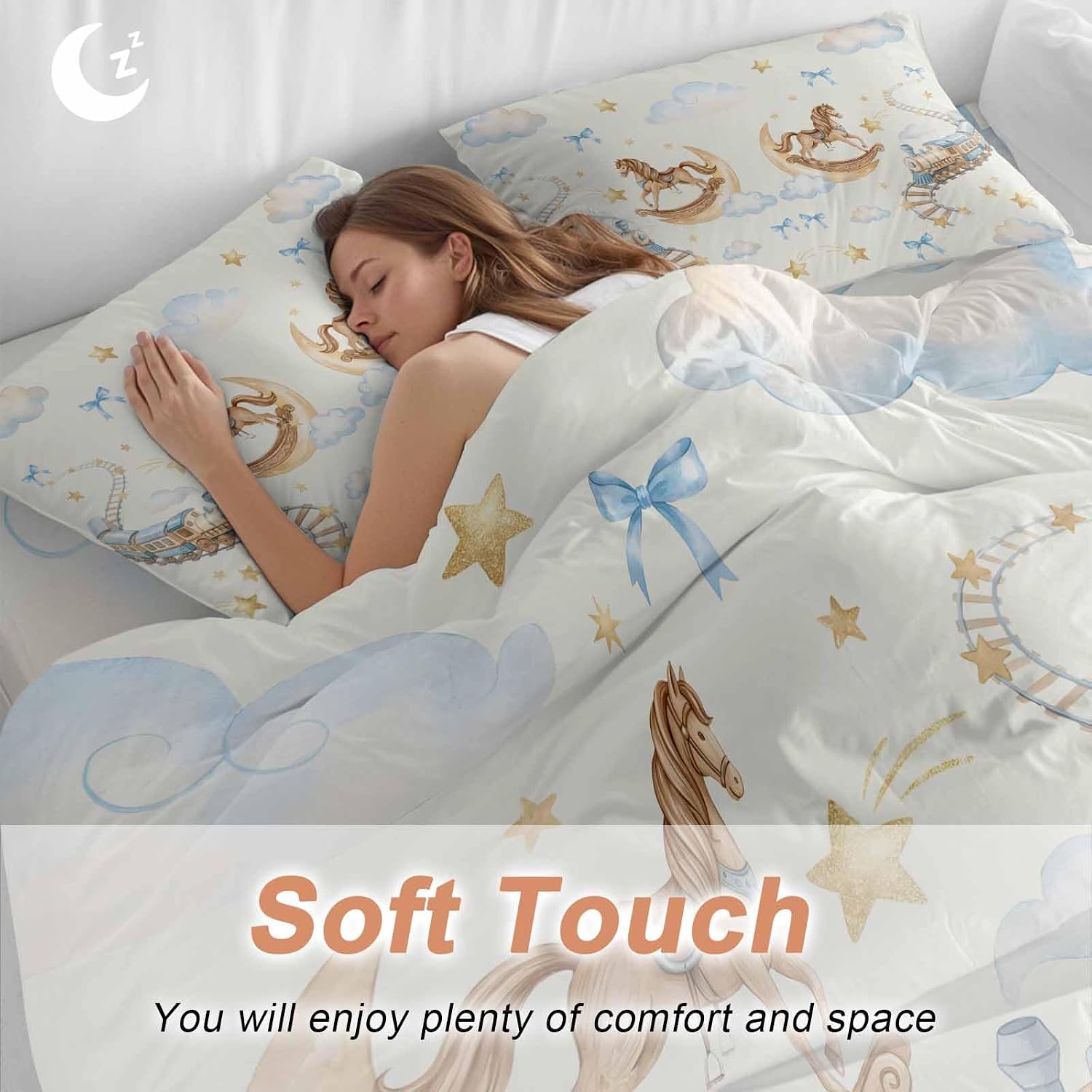 Horses Stars Duvet Cover Set Queen Size 4 Pieces Trains Rail Orbits Cloud Moon Blue Bow Yellow Bedding Set with Zipper Closure, 1 Comforter Cover 90x92 Inches 1 Flat Sheet & 2 Pillow Cases