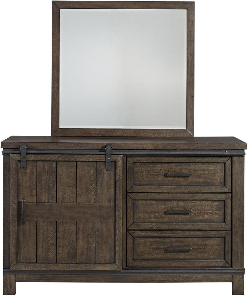 Liberty Furniture Thornwood Hills Twin Bookcase Bed, Dresser & Mirror Rustic Youth Bedroom Set - Rock Beaten Brown with Saw Cuts