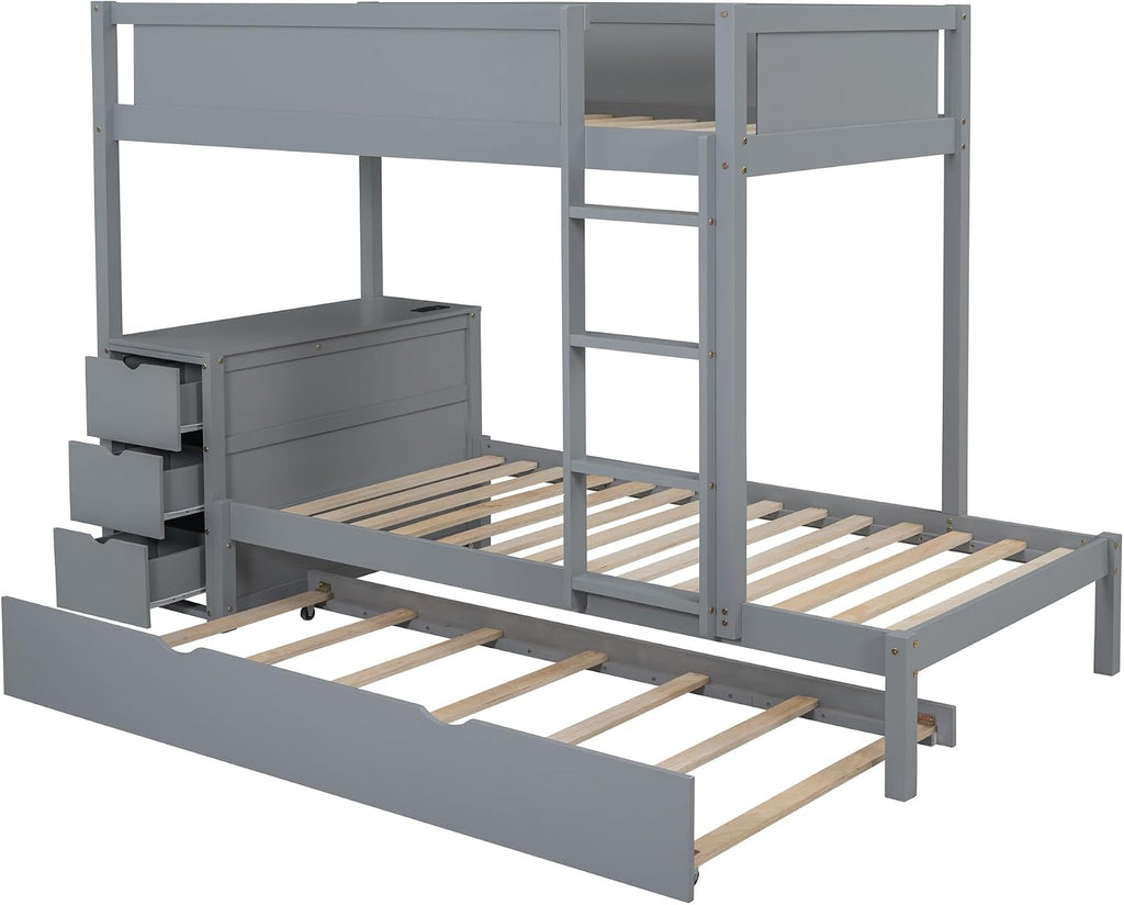 Ball & Cast Twin-Over-Twin Bunk Bed with Twin Size Trundle,Solid Wood Bedframe W/Desk & Drawers,USB,Space Saving,Easy Assembly,Multifunctional Bedroom Furniture Set for Boys Girls Teens,Gray