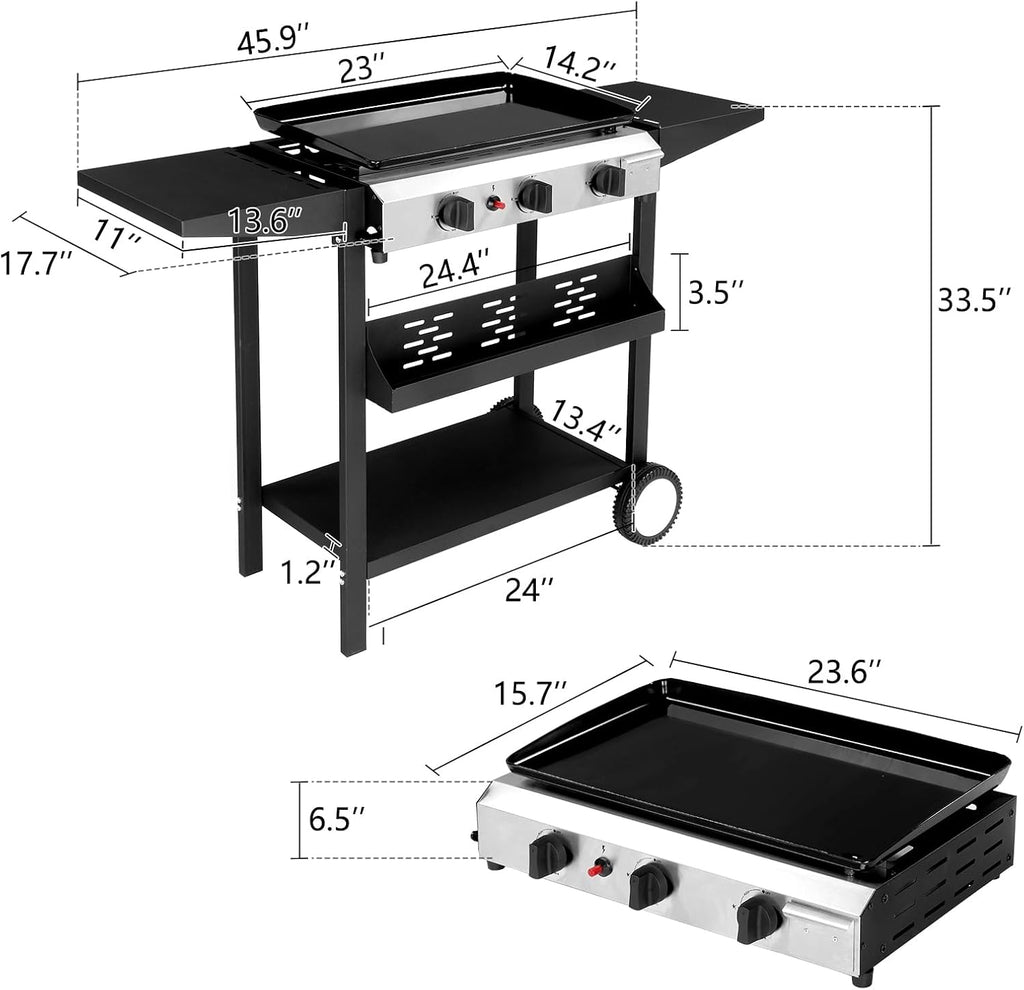 3-Burner Flat Top Gas Griddle Cooking Station with Ceramic Coated Cast Iron Pan, 30,000 BTU Propane Fuelled Griddle Station with Side Shelves & Spice Rack for Outdoor Barbecue Backyard Cookout