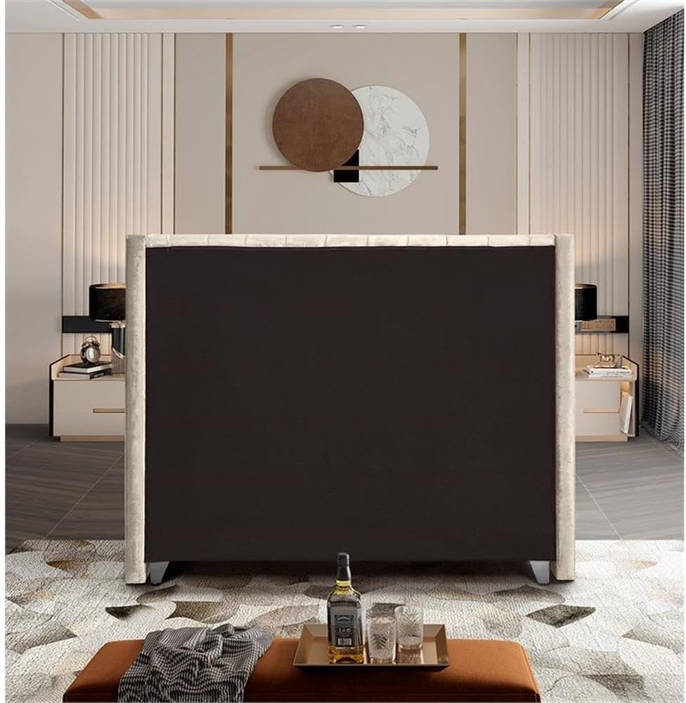 Meridian Furniture Aiden Collection Modern | Contemporary Velvet Upholstered Bed with Deep Button Tufting, Solid Wood Frame, and Custom Chrome Legs, Queen, Cream