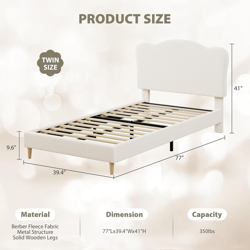 GarveeHome Upholstered Twin Size Bed Frame for Kids with Scallop Headboard, Cute Velvet Twin Bed for Girls, Boys, Sturdy Platform Bed, No Box Spring Needed, Wooden Slats, Noise Free, Beige