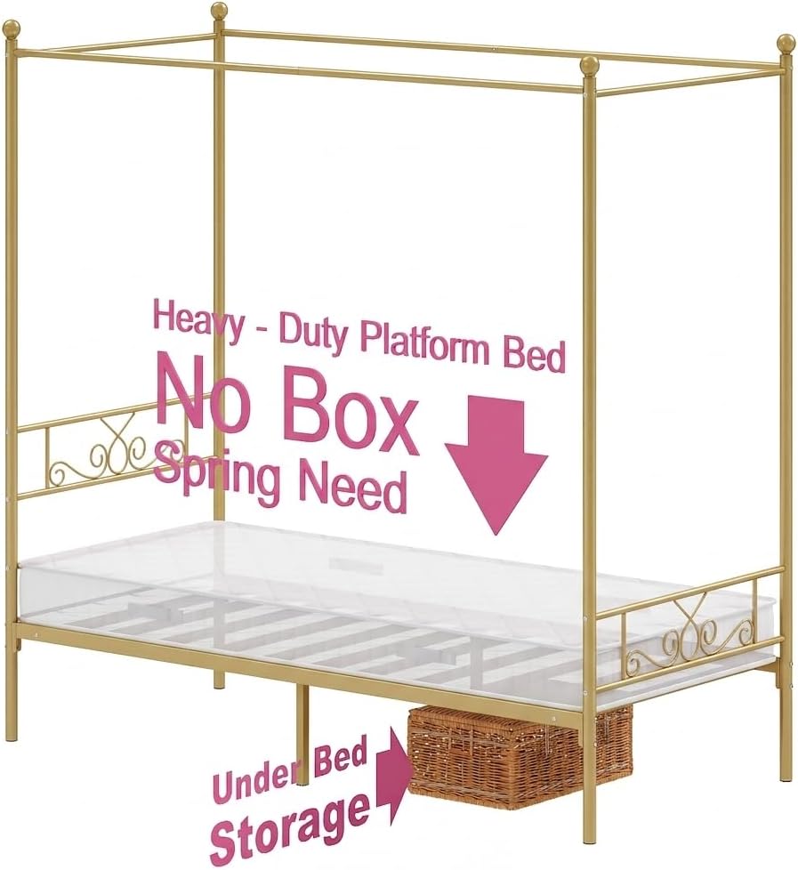 Weehom Twin Canopy Bed Frame with Headboard and Footboard, 4 Posters Metal Bed Frame, No Box Spring Needed, Mattress Foundation Platform Bed for Kids and Adults, Gold