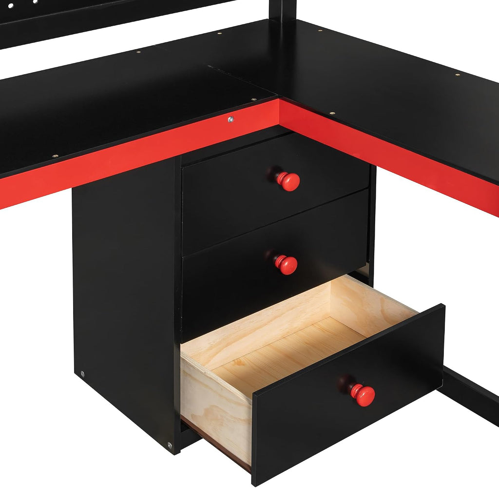 Ball & Cast Gaming Twin Size Loft Bed with Storage Stairs,Wood Gamer Loft Bed Frame W/Desk,Shelves and Pegboard,High Loft Bed W/Full-Length Guardrail,Bedroom Furniture for Student Dorms,Black+Red