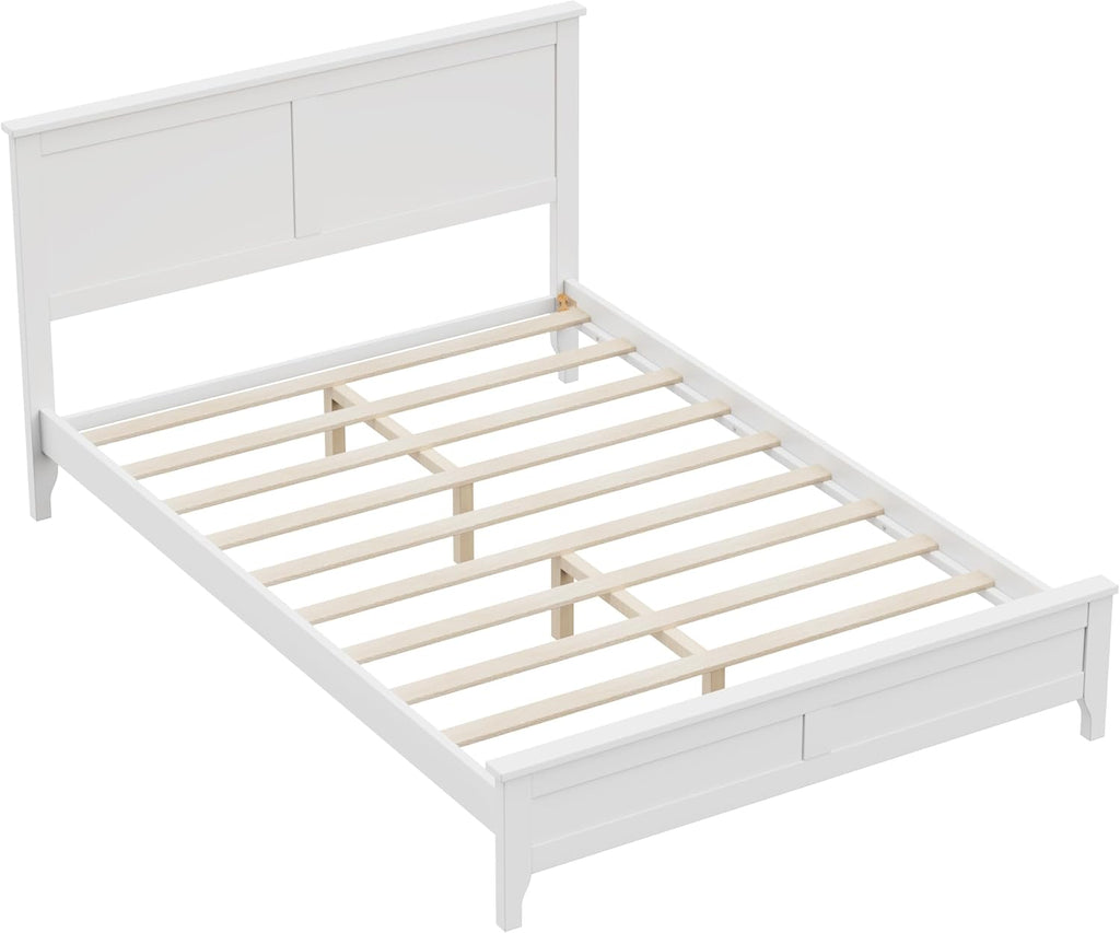 Full Size Wood Bed Frame and Headboard, Modern Retro White Platform Beds Frames, Sturdy and Durable Design Rustic Wooden Bedroom Set, Easy Assembly, No Box Spring Needed (White, Full)