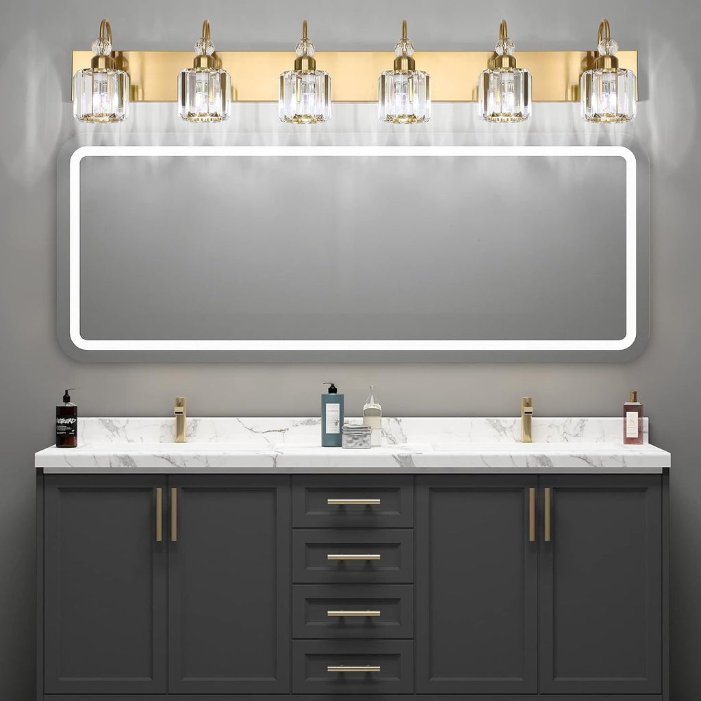 Ralbay Gold Crystal Vanity Lights for Bathroom 6-Lights Brass Gold Crystal Bathroom Vanity Lights Over Long Mirror Modern Crystal Bathroom Wall Lighting Fixtures