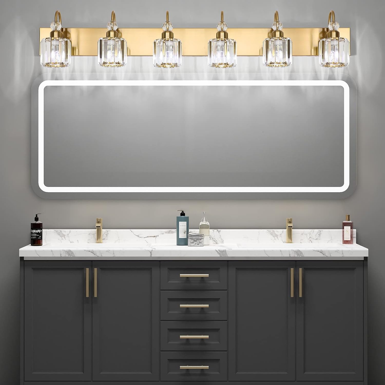 Ralbay Gold Crystal Vanity Lights for Bathroom 6-Lights Brass Gold Crystal Bathroom Vanity Lights Over Long Mirror Modern Crystal Bathroom Wall Lighting Fixtures