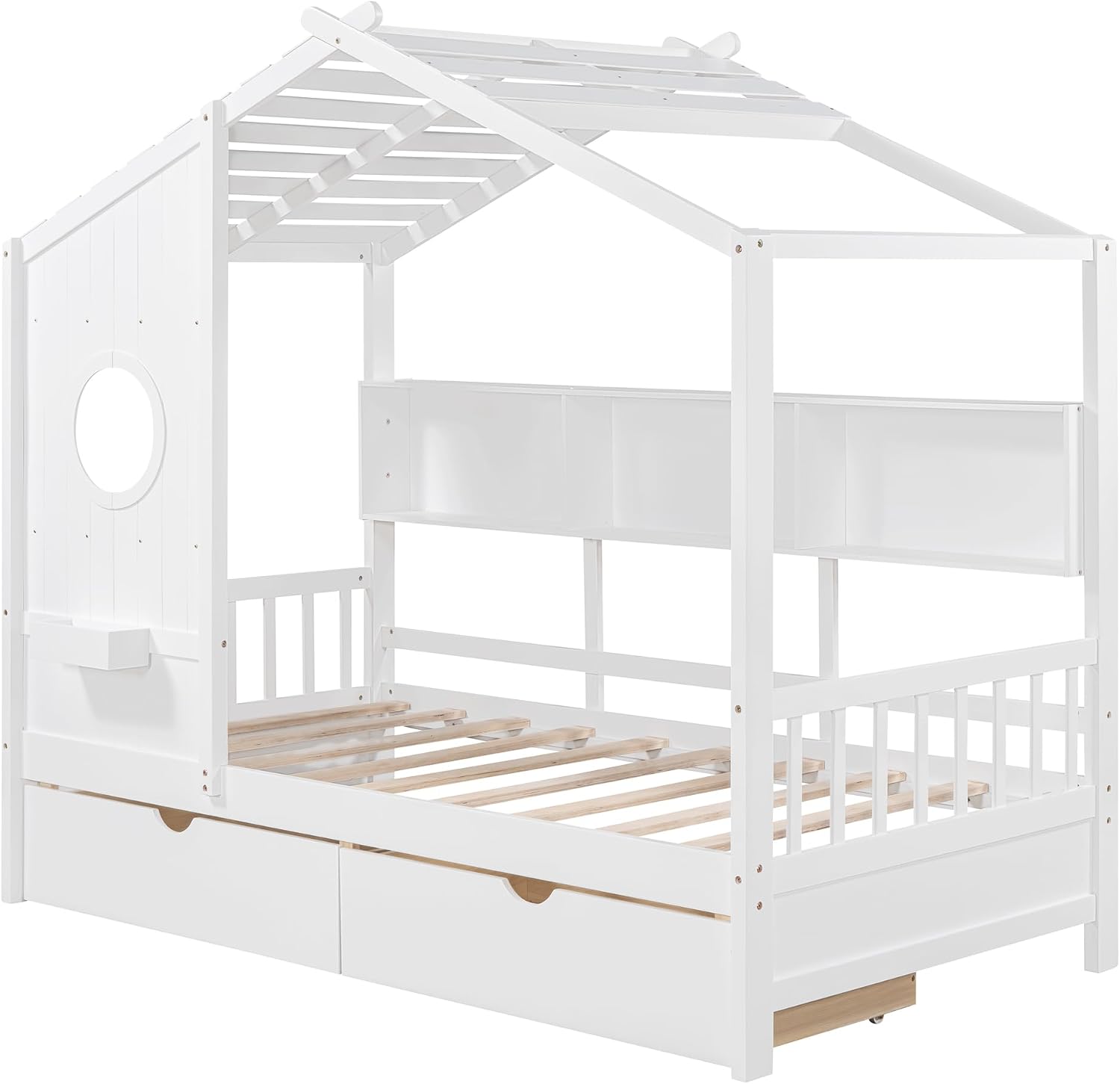 MERITLINE Twin Size Kids House Bed with 2 Drawers and Storage Shelf, Wooden Kids Montessori Bed Frame (White)
