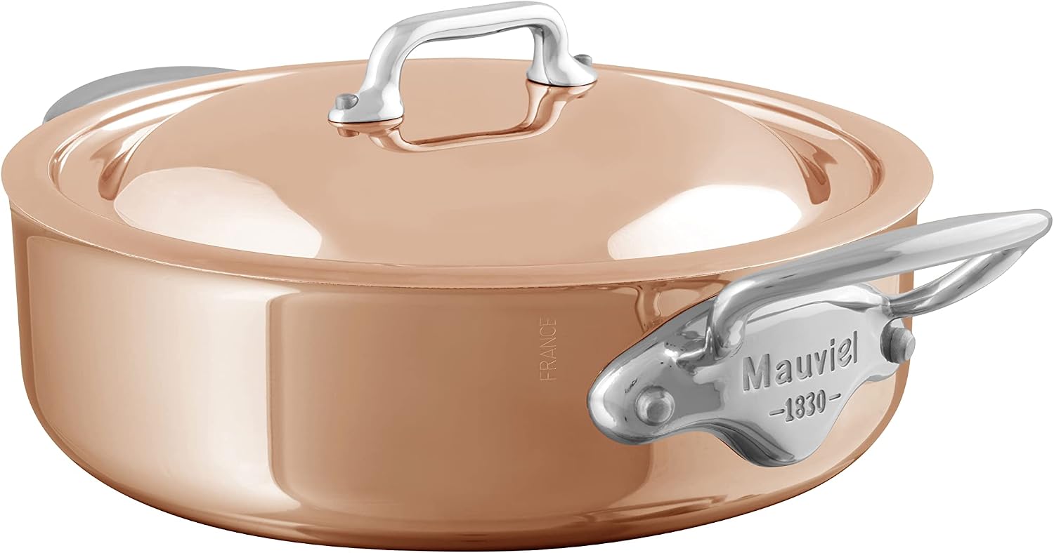 Mauviel M'6S 6-Ply Polished Copper & Stainless Steel Rondeau/Braiser Pan With Lid, And Cast Stainless Steel Handles, 3.2-qt, Made in France