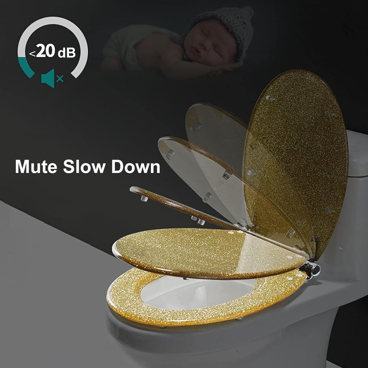 Round Resin Toilet Seat with Glitter Toilet Lid, Slow Close Toilet Seats Cover, Including Fixing Sets of Parts, Fit Most Standard U/V/O Toilet, Quiet Close (Silver 1)